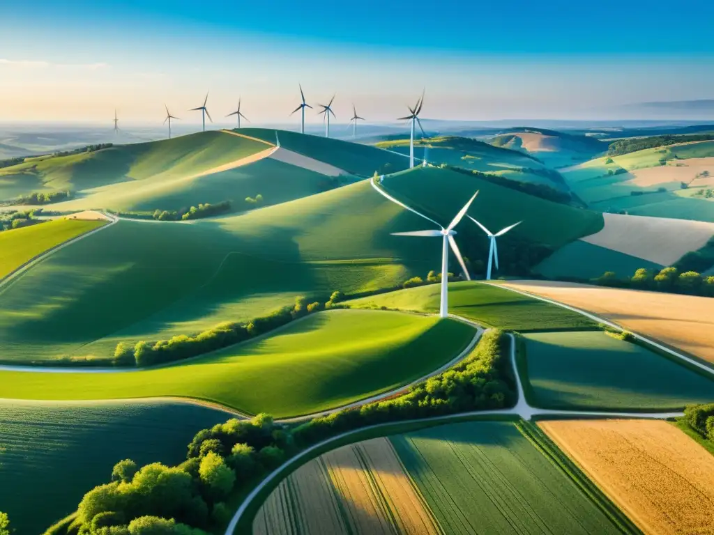 Vibrante paisaje rural con molinos de viento modernos en armonía con la naturaleza, simbolizando la conectividad rural y la preservación del medio ambiente