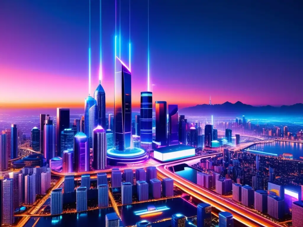 Vibrante paisaje urbano futurista con tecnología 5G integrada, simbolizando la ciberseguridad en la Era del 5G