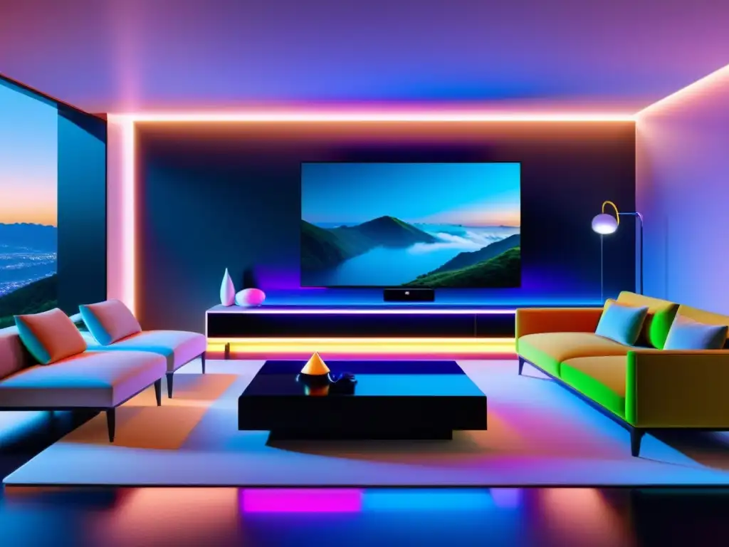 Vibrante sala futurista con asistentes de voz, reflejando el impacto del 5G en la automatización del hogar