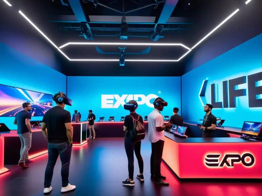 Vibrante sala de exhibición en la E3 con tecnología de vanguardia y demostraciones de realidad virtual