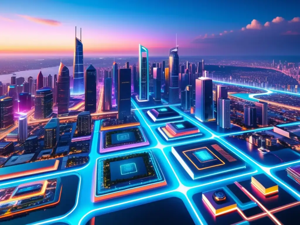 Vibrante skyline de ciudad futurista con tecnología avanzada y amenazas ciberseguridad tecnologías emergentes