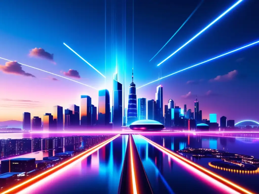 Vibrante skyline futurista de noche con redes 5G integradas