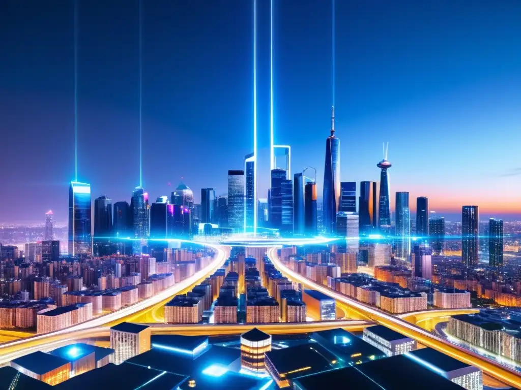 Vibrante skyline nocturno de ciudad futurista con señales 5G y redes de datos, representando los peligros de seguridad en 5G