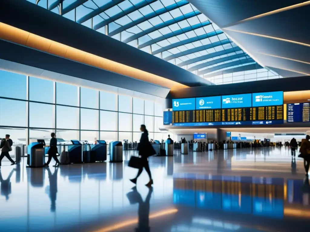 Vibrante terminal de aeropuerto con diseño moderno y movimiento, reflejando el impacto de la IA en turismo