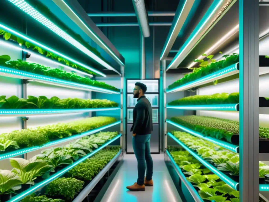 Vibrante agricultura vertical urbana con IoT: granja interior moderna con plantas exuberantes y luces LED, integrada en entorno urbano futurista