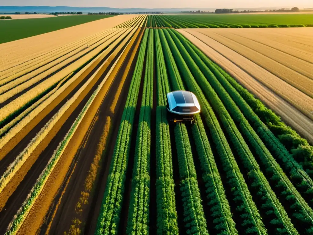 Una visión futurista de campo agrícola automatizado con inteligencia artificial en cultivo agrícola, bañado en luz dorada