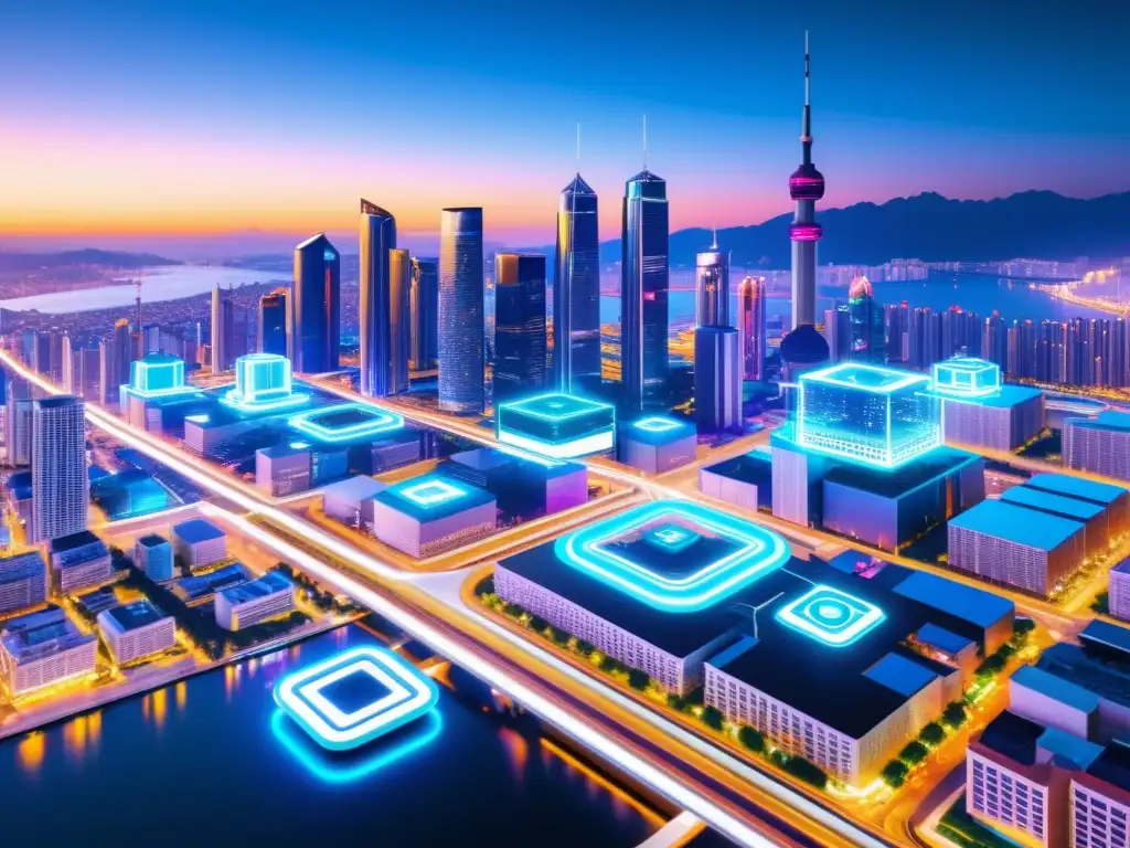 Futurista ciudad inteligente con tecnología blockchain Una visión futurista de una ciudad inteligente con dispositivos IoT conectados que integran la tecnología blockchain para una seguridad transparente