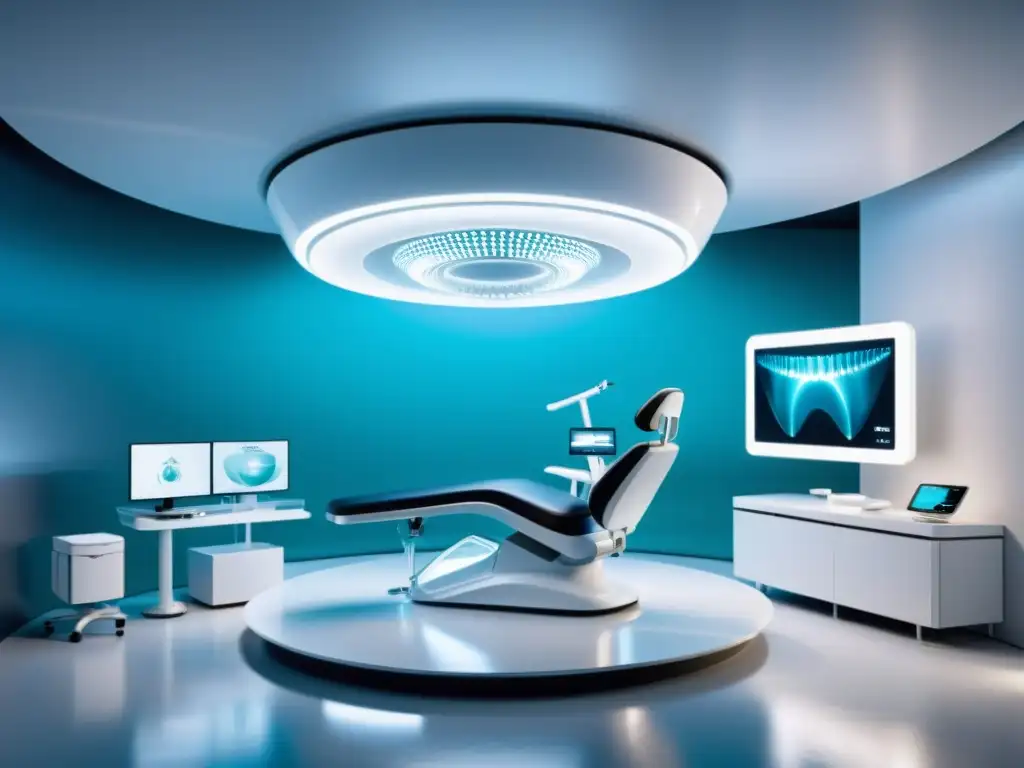 Una visión futurista de una clínica dental con nanorrobótica realizando procedimientos precisos a escala atómica