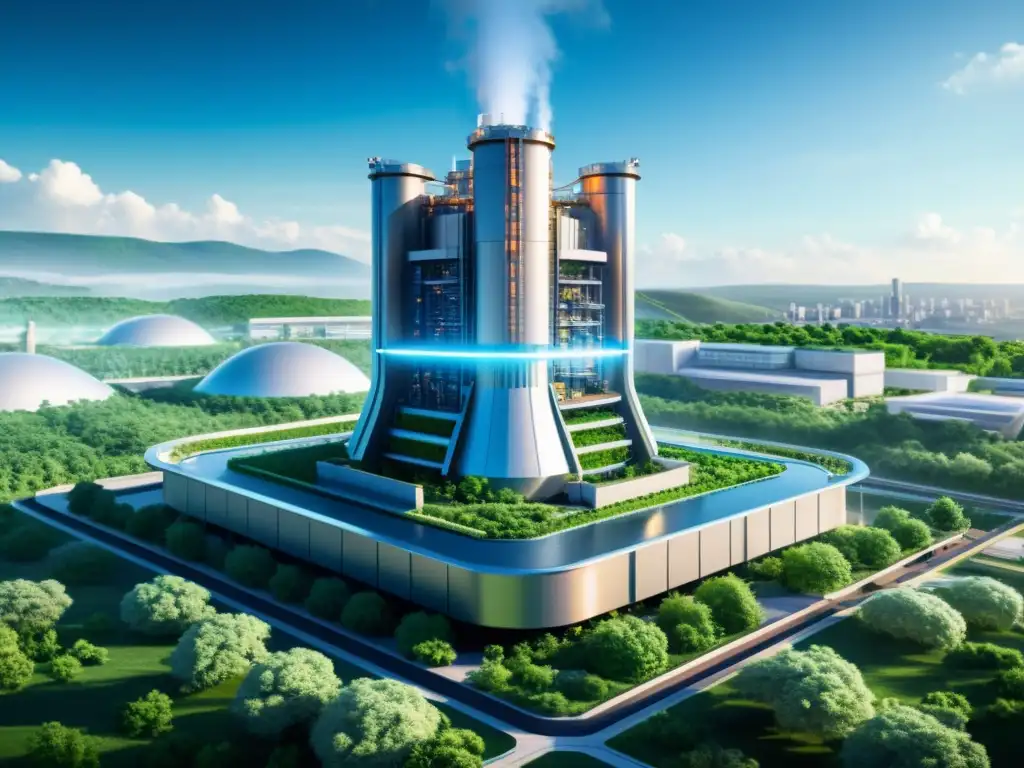 Una visión futurista de un reactor de fusión nuclear rodeado de una ciudad sostenible