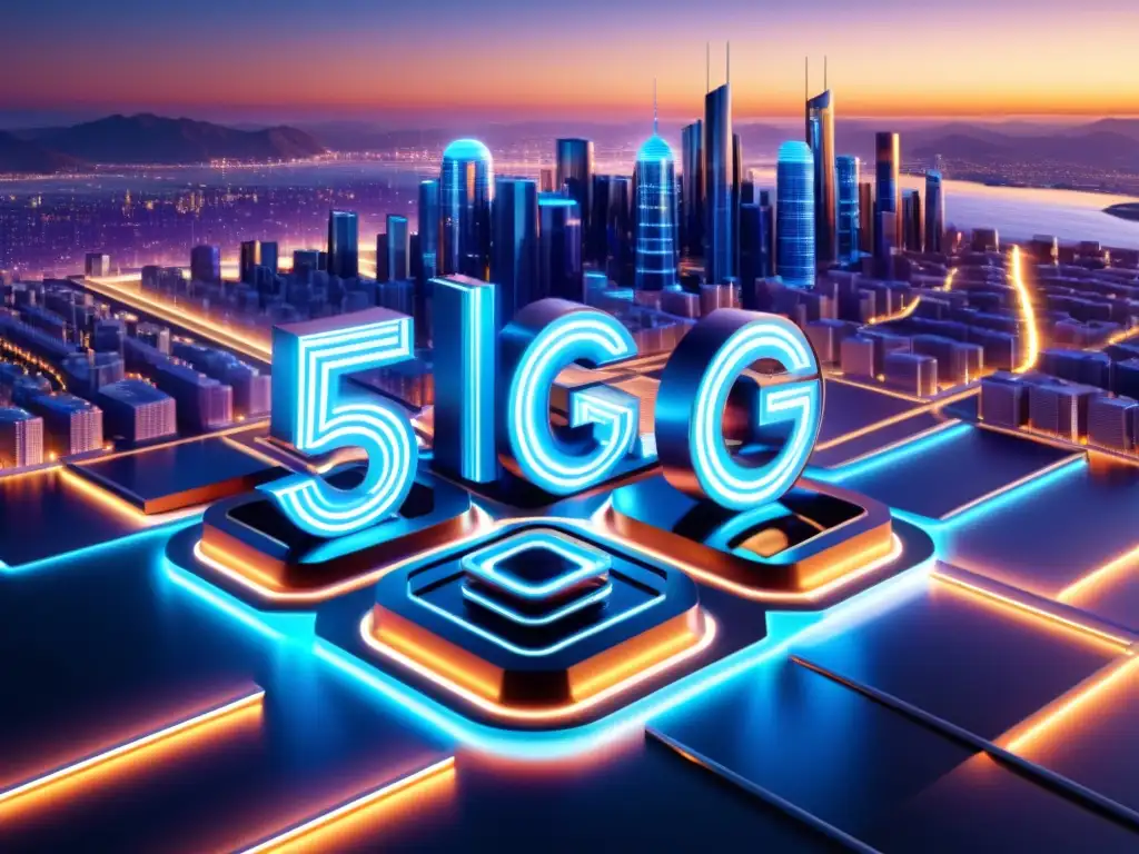 Una visión futurista de la seguridad 5G para usuarios, con torres metálicas interconectadas por haces de datos luminosos, frente a una ciudad al atardecer