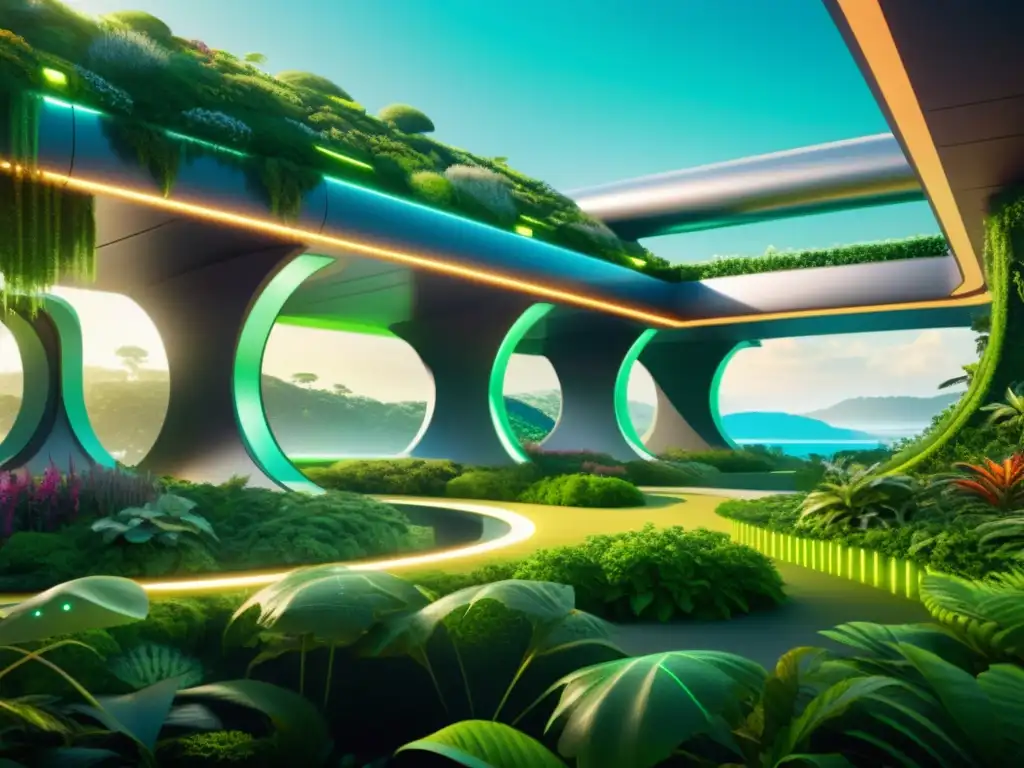 Una visión futurista de soluciones innovadoras en bioingeniería para ecosistemas, con vegetación exuberante y estructuras arquitectónicas avanzadas