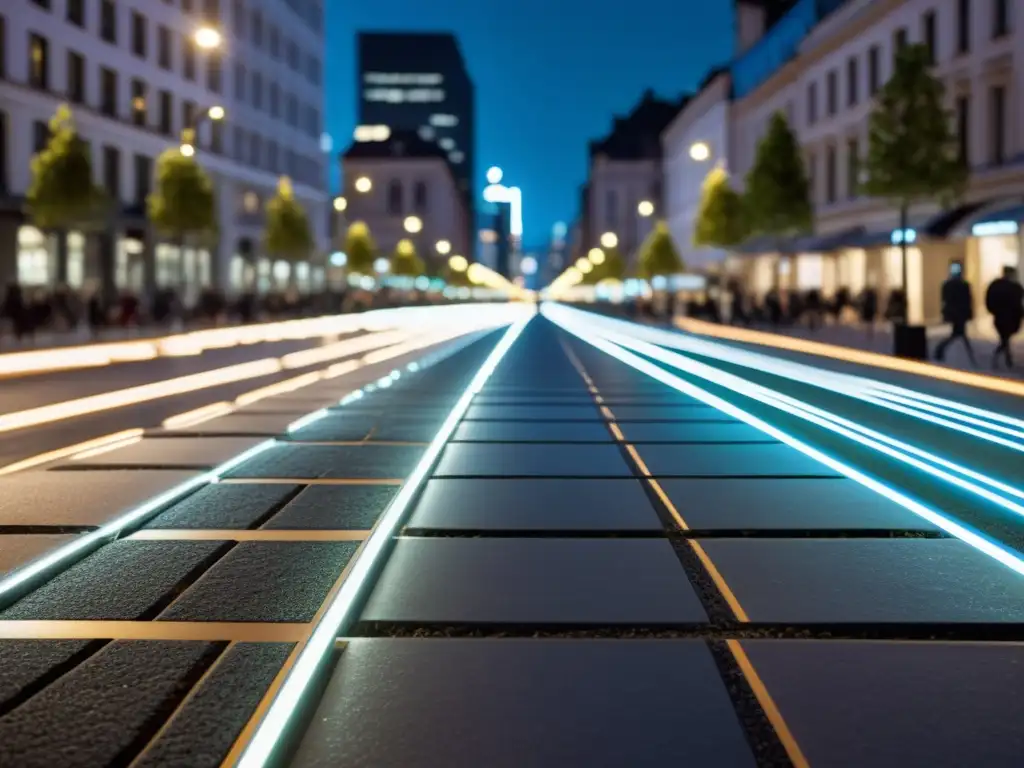 Una visión nocturna futurista de una ciudad iluminada por paneles piezoeléctricos, generando una red de luces con cada paso