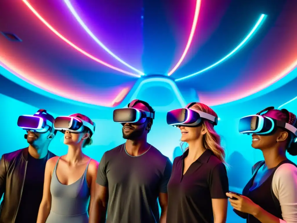 Visitantes asombrados exploran parque temático realidad virtual futurista con luces de neón y criaturas fantásticas