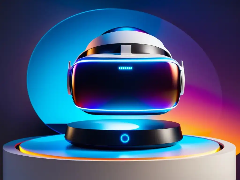 Un visor VR futurista con diseño metálico y brillos azules, rodeado de una suave luz etérea
