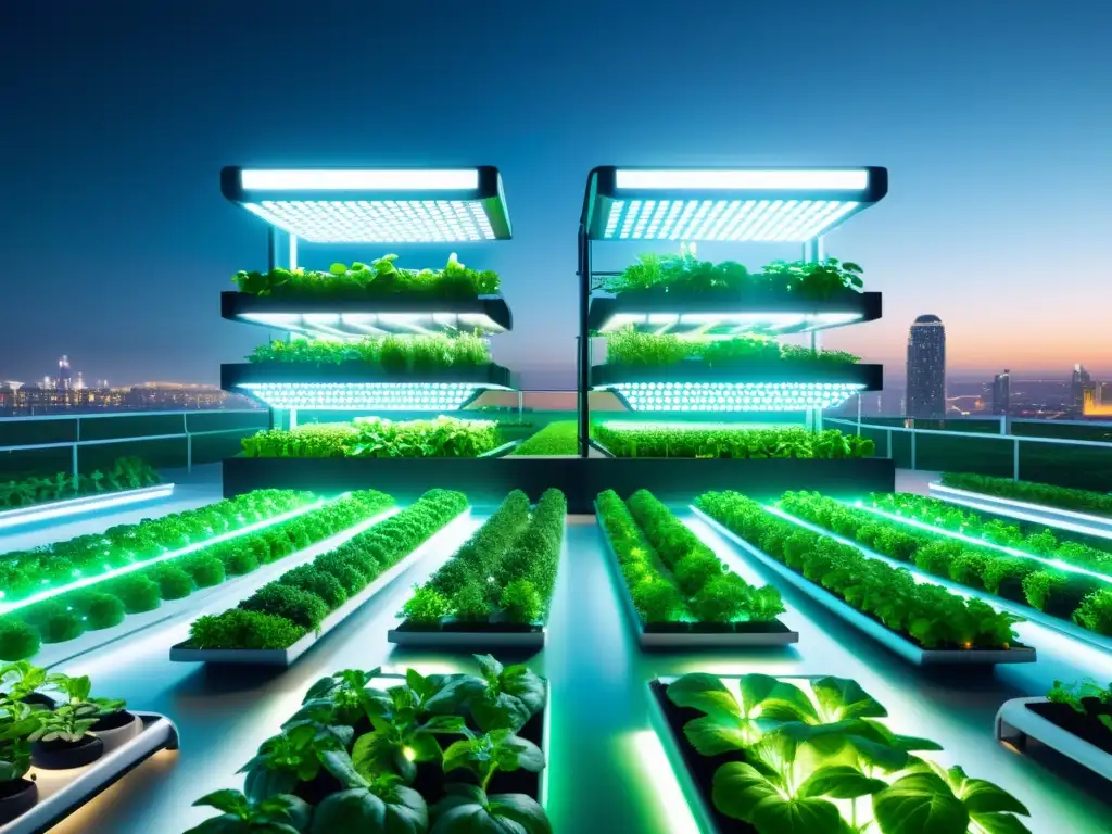 Vista aérea de agricultura urbana inteligente IoT en granja futurista en la azotea de edificio contemporáneo, con torres hidropónicas y luces LED