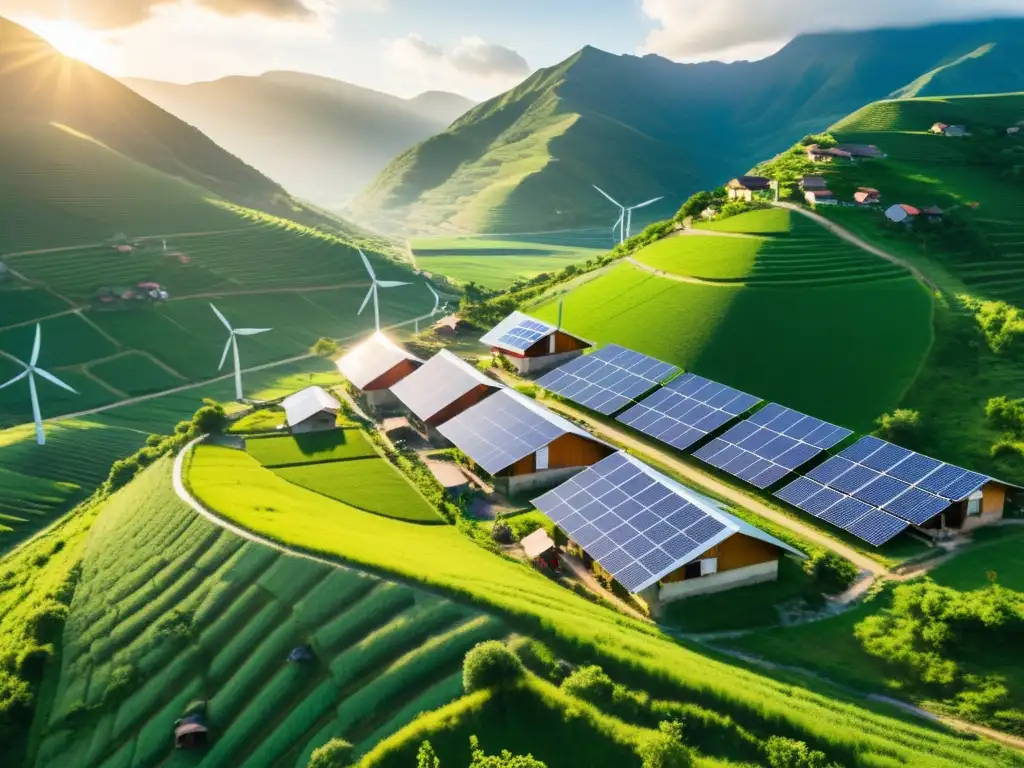 Microgrid sostenible ilumina comunidad rural Vista aérea de una aldea remota en un valle verde con energía renovable y sonrientes lugareños