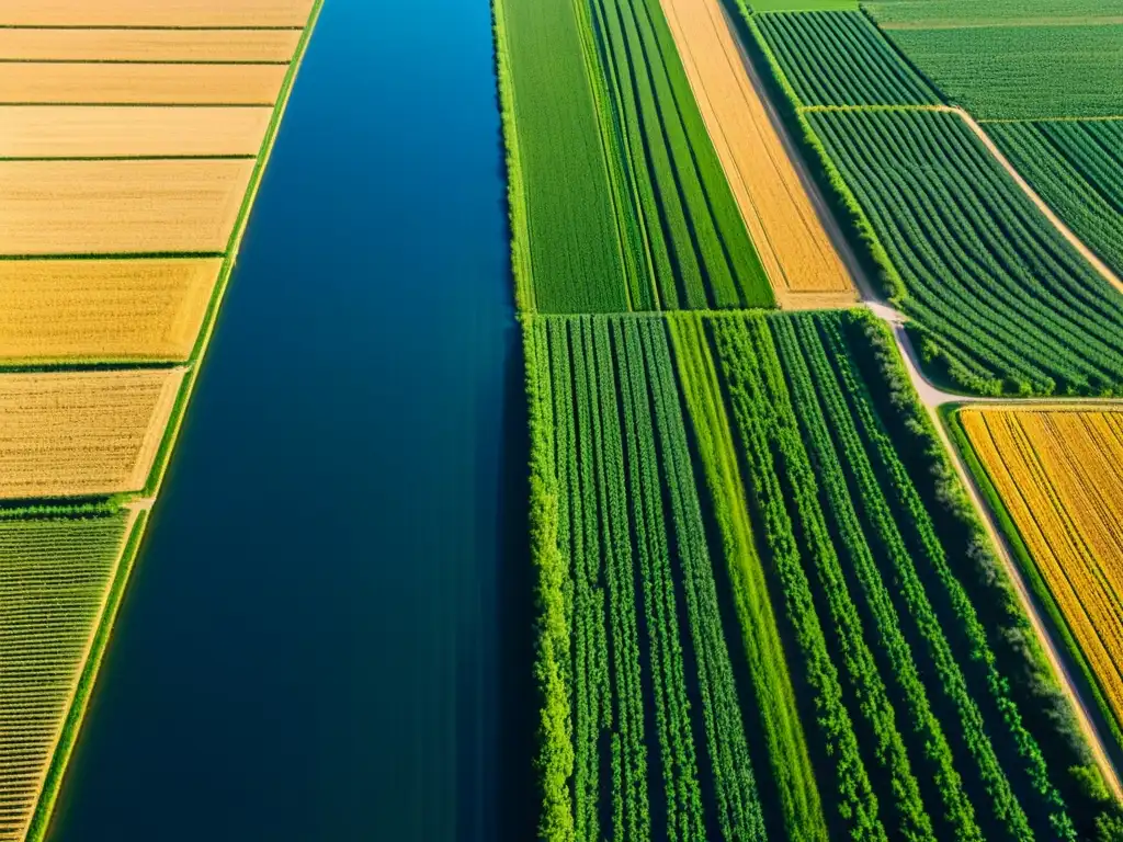 Vista aérea de un campo agrícola exuberante bajo el cielo azul