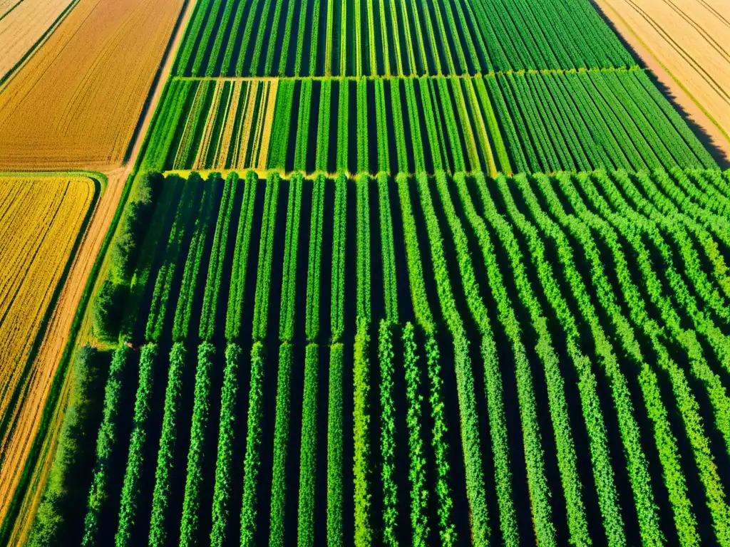 Vista aérea de un campo agrícola verde exuberante con cultivos en hileras, destellos de luz en las hojas y maquinaria agrícola moderna