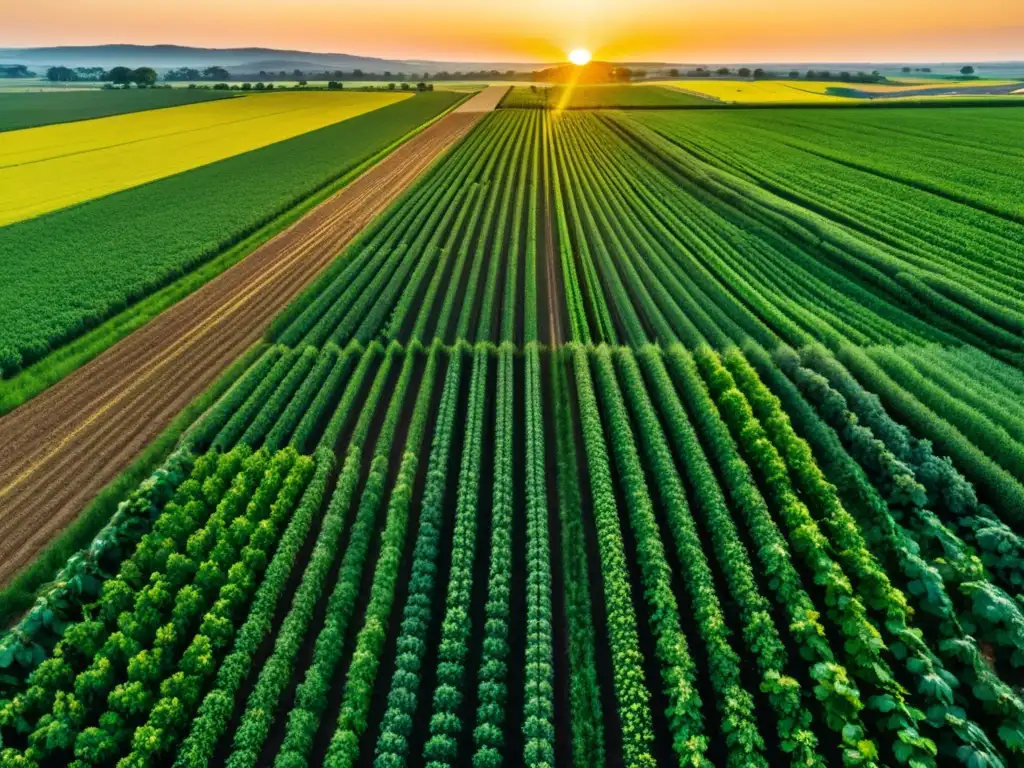 Vista aérea de campo agrícola vibrante con infraestructura invisible granja IoT integrada en armonía con la naturaleza