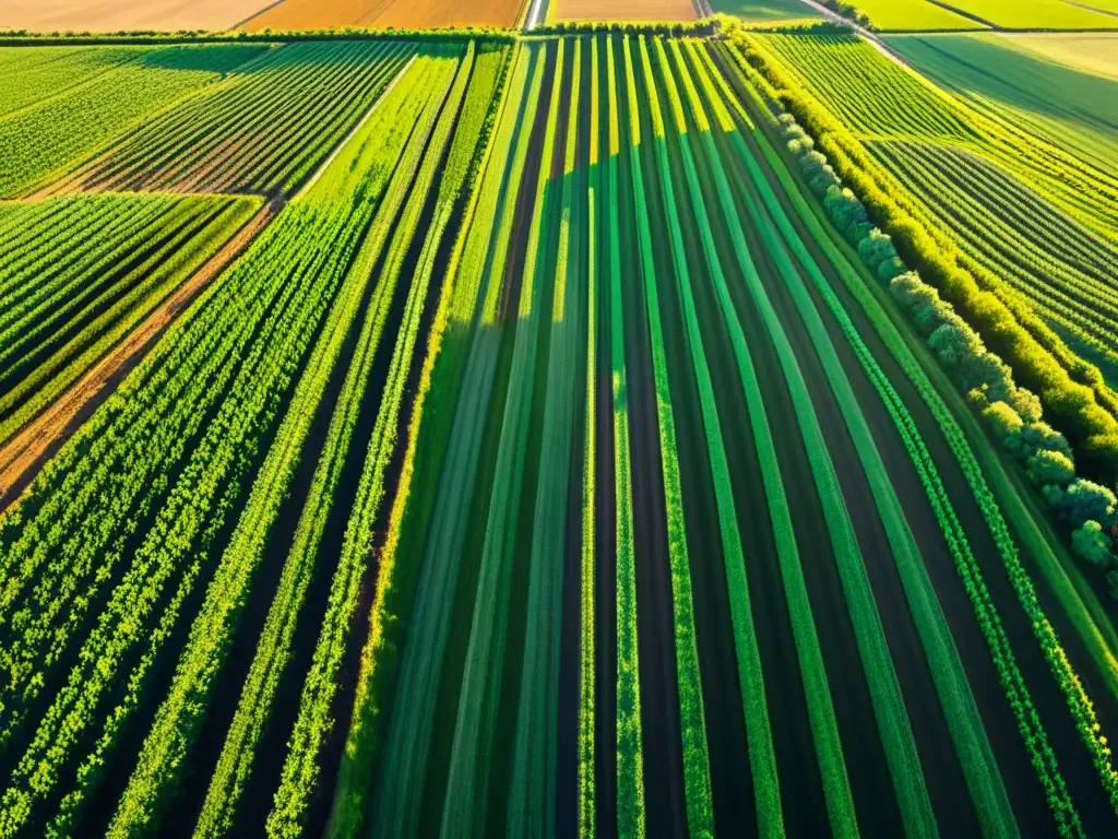 Vista aérea de campos agrícolas con IA en la agricultura para predicción, resplandeciendo bajo la luz del sol con sombras alargadas