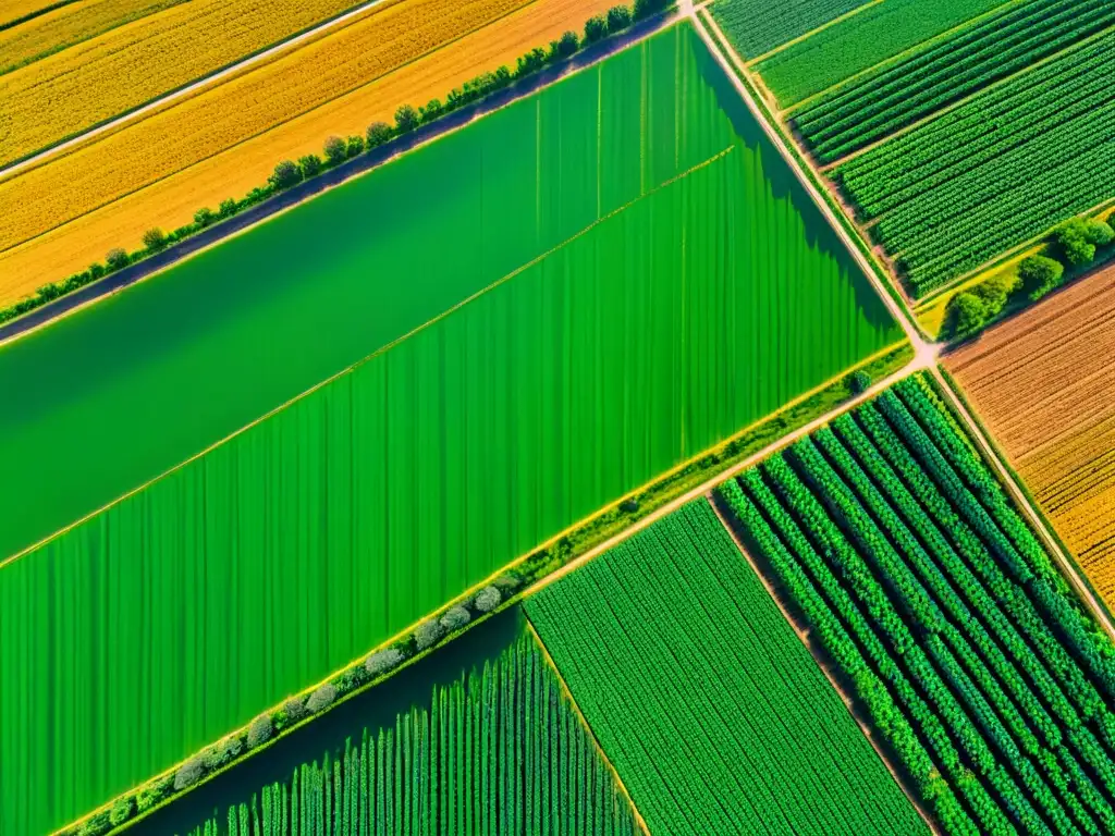 Vista aérea de campo agrícola con cultivos variados y montañas al fondo Vista aérea de campos agrícolas verdes con sistemas de irrigación avanzados y montañas al fondo