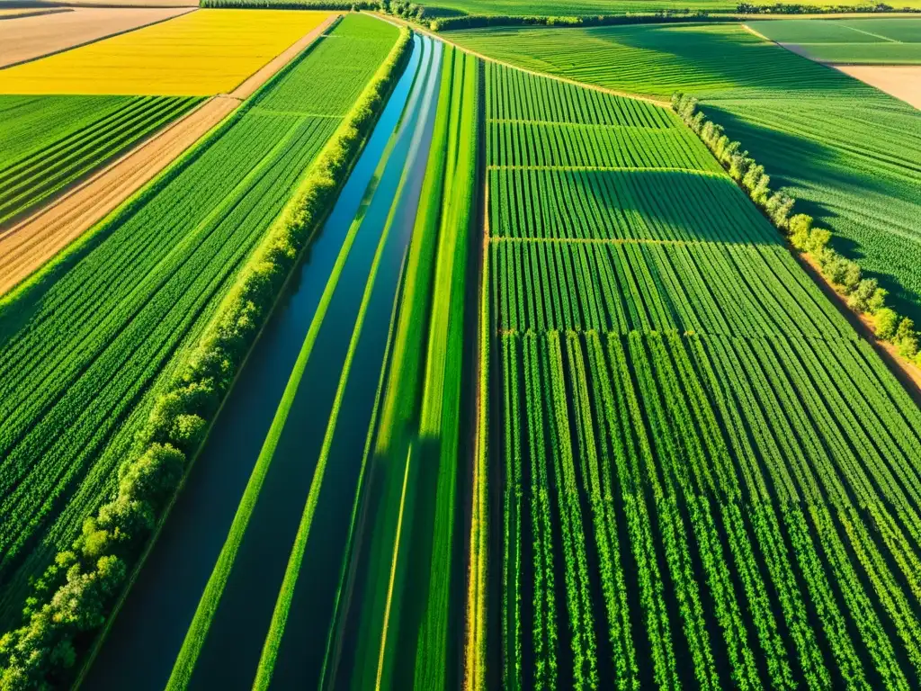 Vista aérea de campos verdes con cultivos y sistemas de riego modernos, representando la analítica de datos para agricultura inteligente