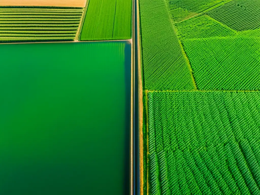 Vista aérea de campos agrícolas verdes y tecnología, representando la agricultura inteligente con sensores y suelos