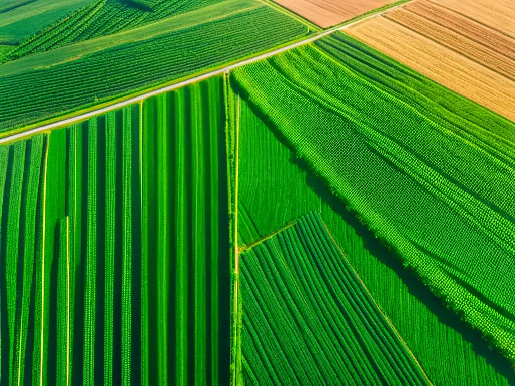 Vista aérea de campos agrícolas verdes, maquinaria automatizada y sensores, reflejando tecnología IA en la agricultura para predicción