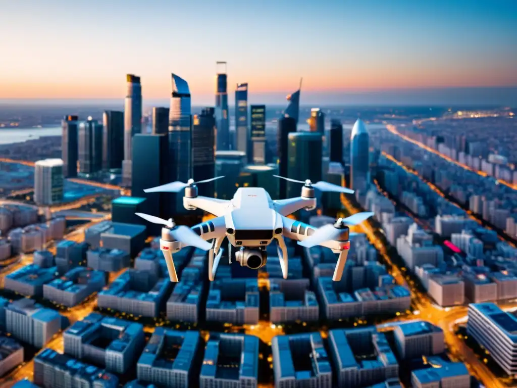 Vista aérea de la ciudad con un dron tecnológico, capturando la actividad urbana