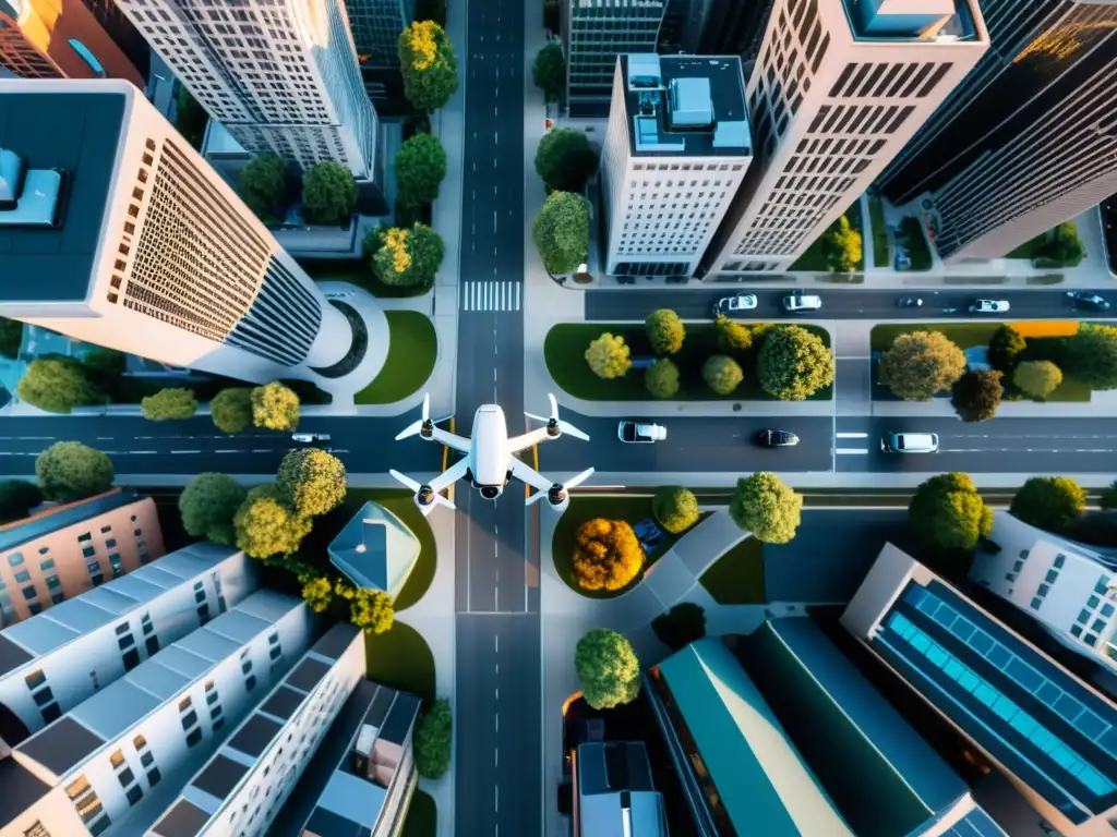 Vista aérea de la ciudad con un dron capturando el paisaje urbano