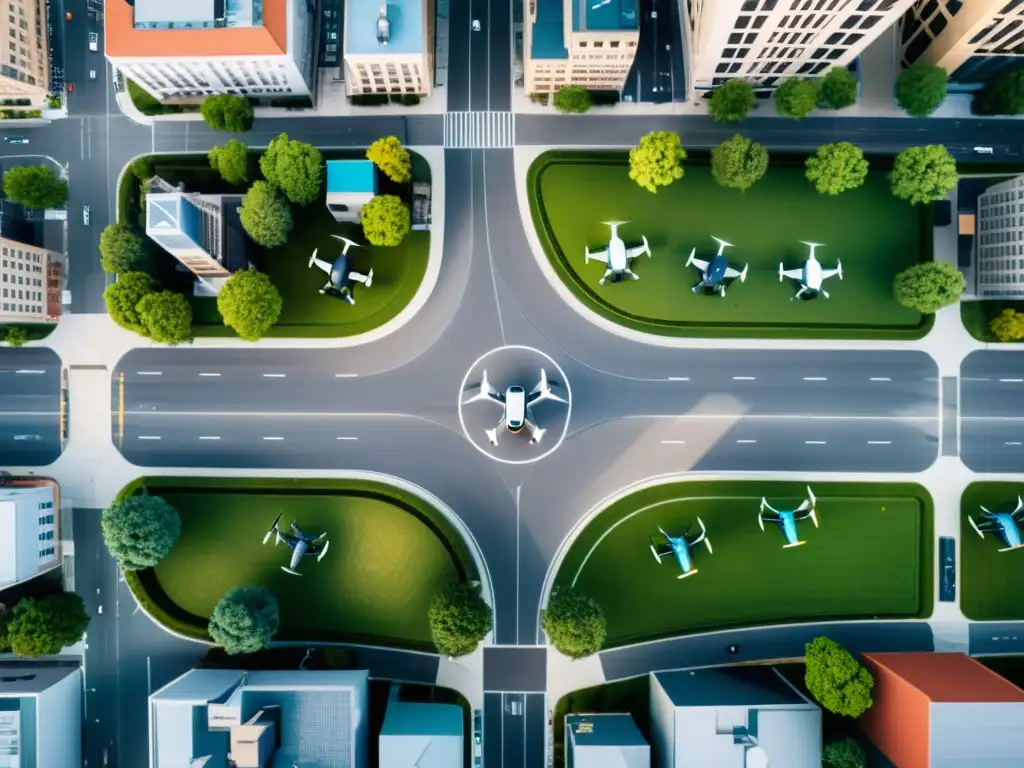 Vista aérea de la ciudad con drones vigilando actividades urbanas