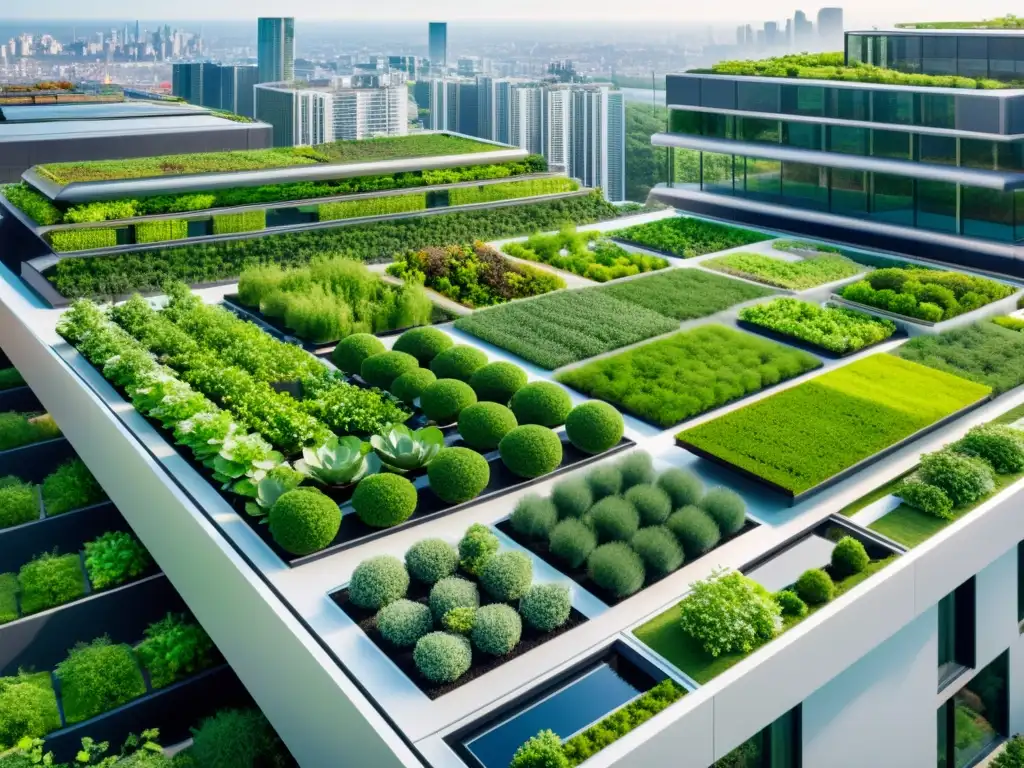 Vista aérea de una ciudad futurista con agricultura urbana inteligente y tecnología IoT