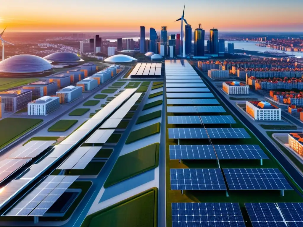 Horizonte urbano sostenible al atardecer: transición energética Vista aérea de ciudad moderna al atardecer con energía renovable integrada en edificios, simbolizando la transición a una economía baja en carbono y los riesgos financieros de la transición energética