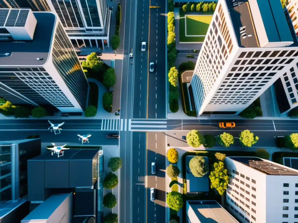 Vista aérea de una ciudad urbana con drones realizando tareas logísticas y de transporte entre rascacielos y calles