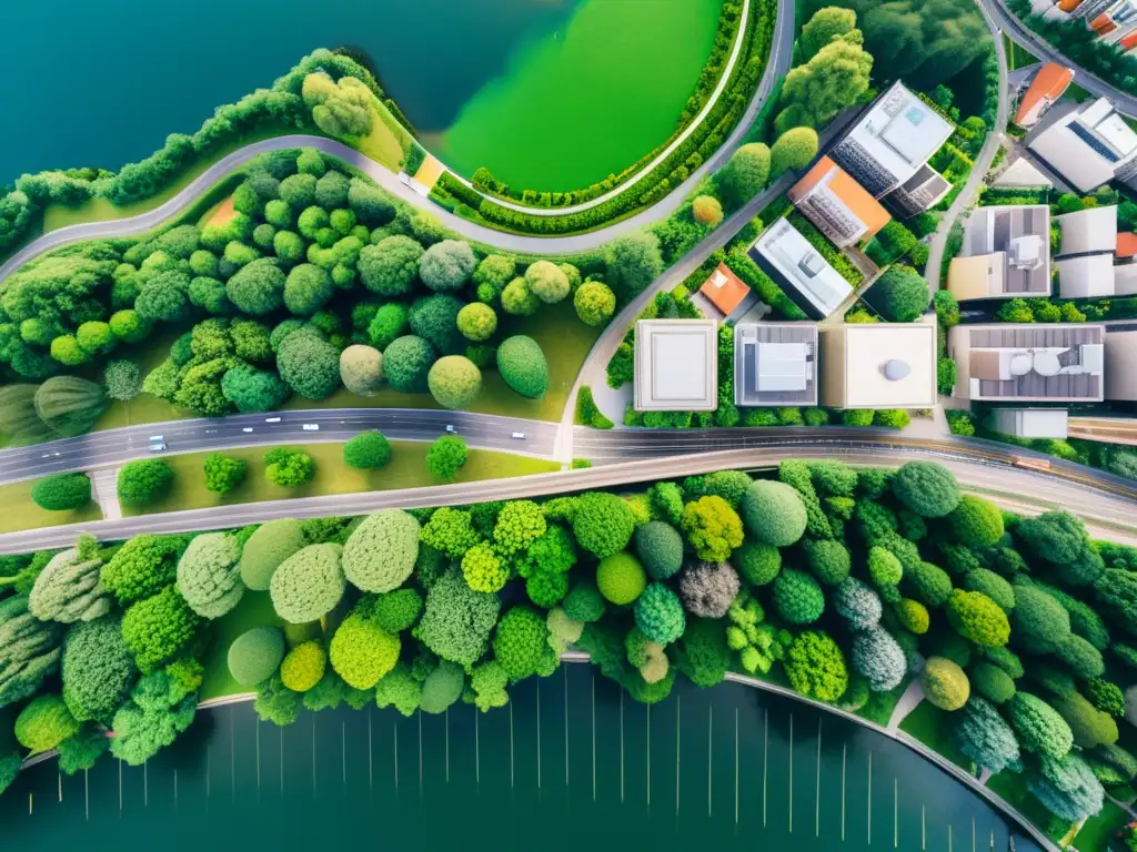 Vista aérea de una ciudad vibrante y moderna, rodeada de exuberante vegetación