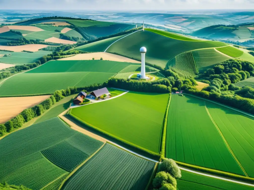 Vista aérea de colinas verdes salpicadas de granjas y casas, con una torre 5G futurista en el horizonte