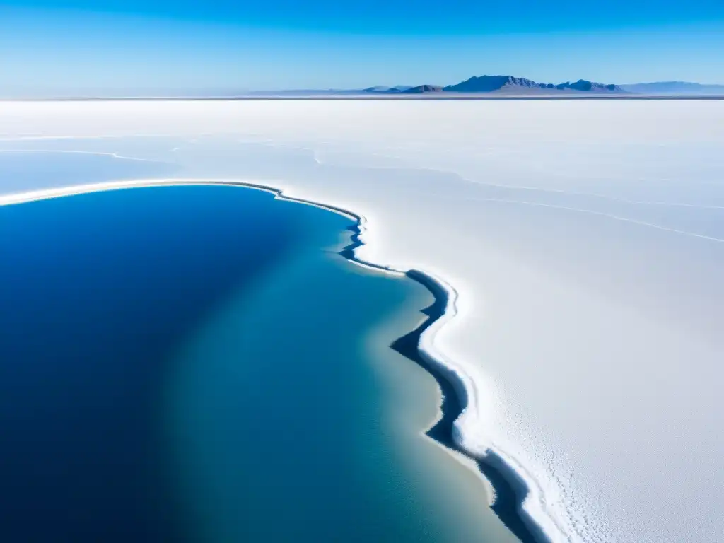 Vista aérea deslumbrante de un vasto salar, con un brillante expanse blanco que se extiende hasta el horizonte