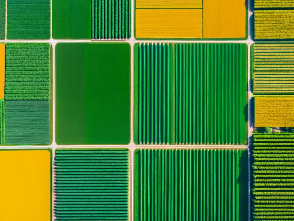 Vista aérea detallada de granja tecnológica con infraestructura invisible, sensores interconectados y maquinaria agrícola automatizada