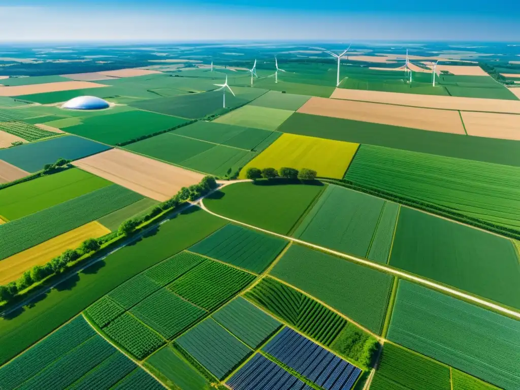 Vista aérea detallada de granja IoT con infraestructura invisible, tecnología y naturaleza fusionadas en un paisaje vibrante