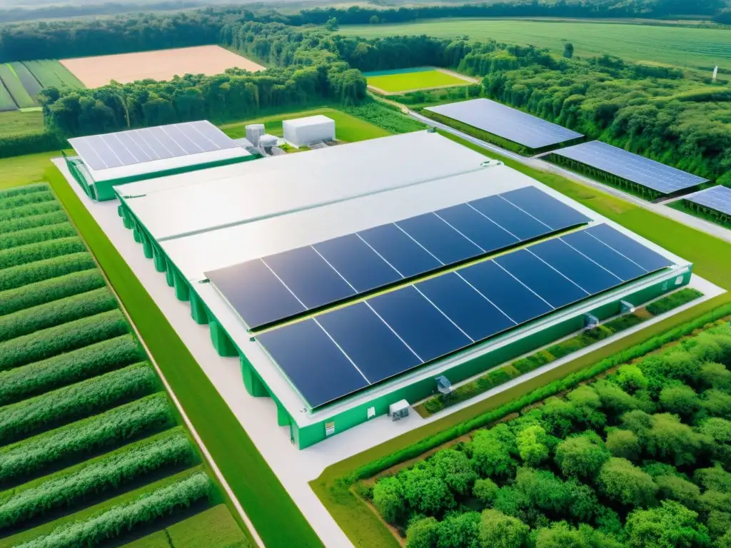 Vista aérea de planta bioplásticos ecoamigable con biotecnología en reducción de residuos, rodeada de vegetación y paneles solares