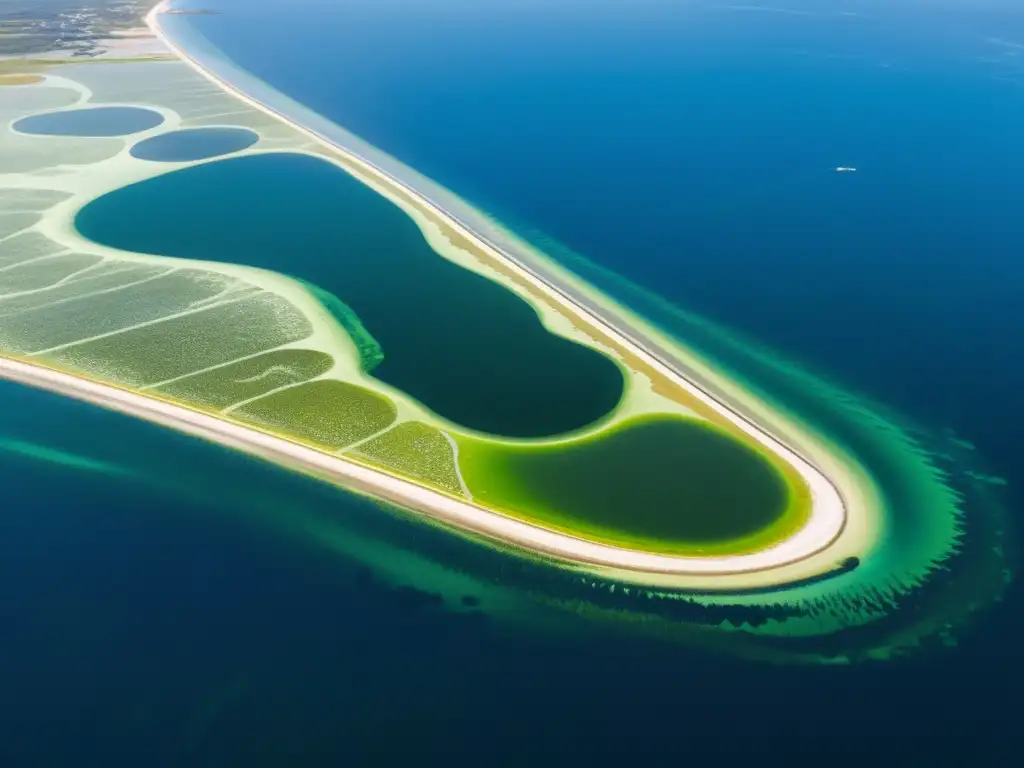 Vista aérea de una extensa granja de algas brillantes en la costa, con instalaciones de energía futuristas