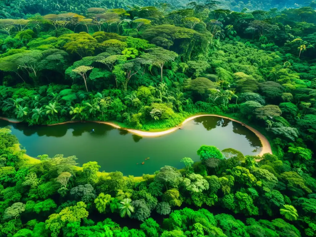 Vista aérea de una exuberante selva, con diversa vida silvestre y tecnología de conservación
