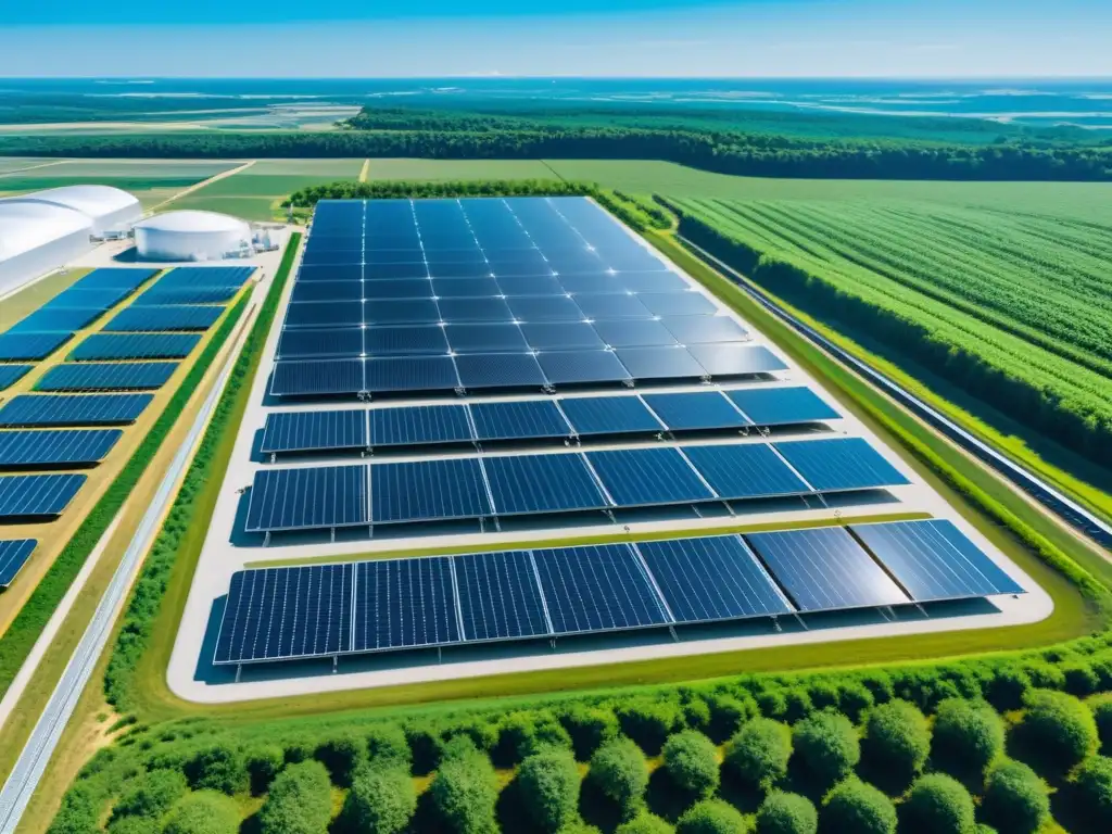 Planta de producción de hidrógeno futurista y sostenible Vista aérea de una futurista planta de producción de hidrógeno verde rodeada de naturaleza, con trabajadores y tecnología avanzada