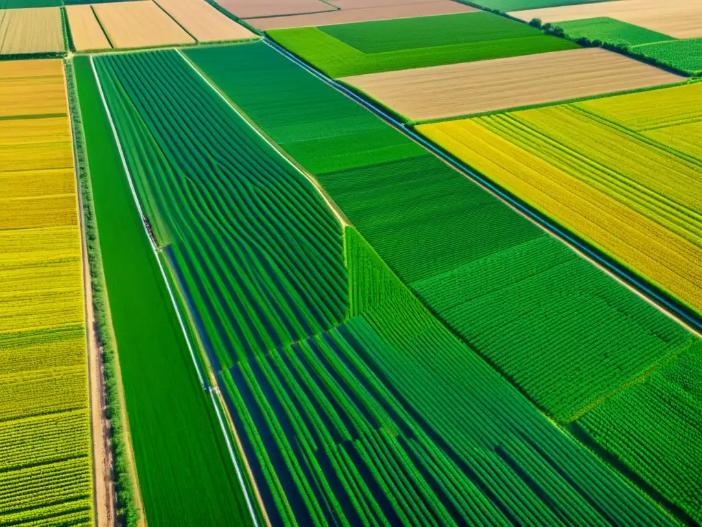 Vista aérea de una granja futurista con cultivos precisos y maquinaria sensorizada, mostrando analítica de datos para agricultura inteligente