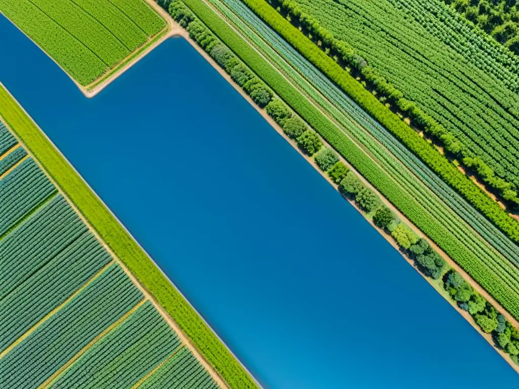 Vista aérea de una granja agrícola moderna con tecnología IoT integrada, mostrando la fusión de la agricultura tradicional con IoT en los campos