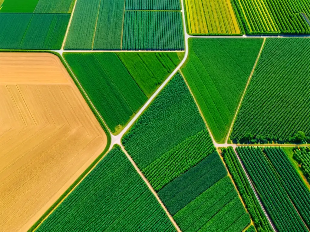 Vista aérea de una granja moderna con cultivos organizados y sistemas de riego avanzados