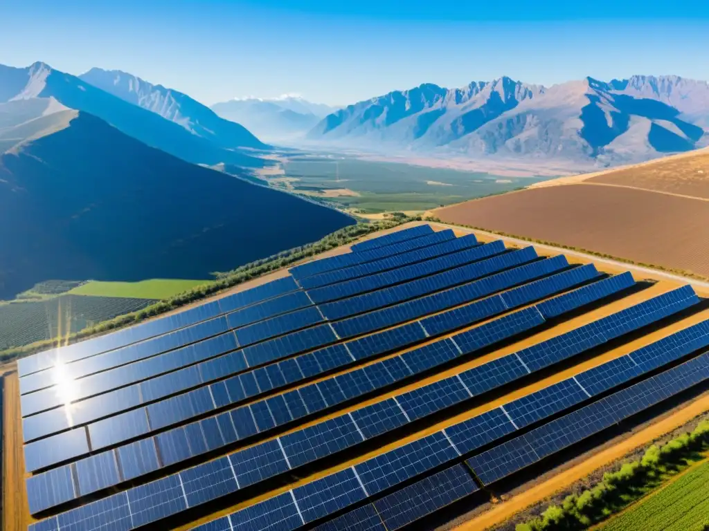 Vista aérea de granja solar con paneles relucientes bajo cielo azul, simbolizando la cooperación en geopolítica de energía limpia