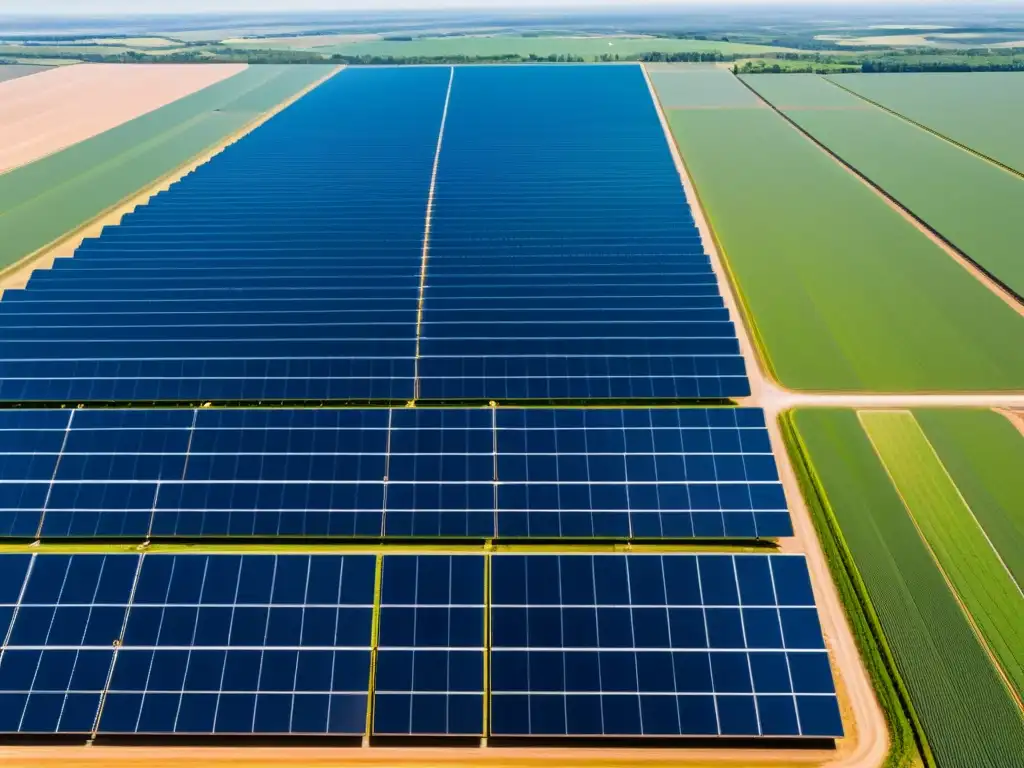 Vista aérea de una granja solar con paneles relucientes, simetría y eficiencia, evocando el papel de la OPEP en energías renovables