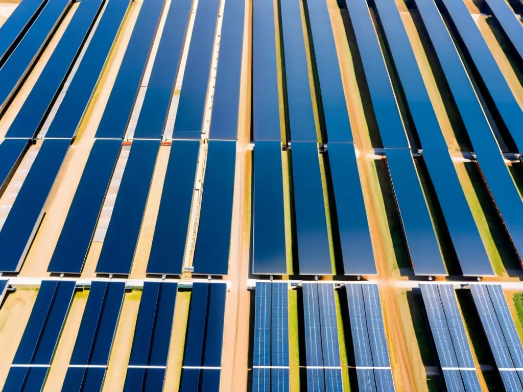 Vista aérea de granja solar con paneles relucientes bajo cielo azul