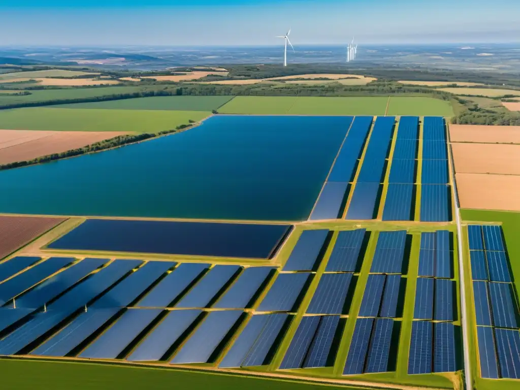 Vista aérea de una granja solar con paneles relucientes bajo un cielo azul, rodeada de paisaje verde y aerogeneradores